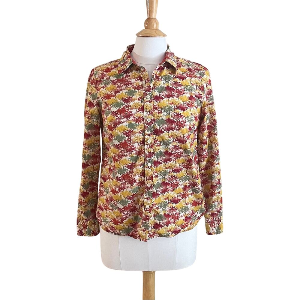 Talbots Cotton Long Sleeve Roll Tab Button Down, Fall, Trees, Autumn, Size SP